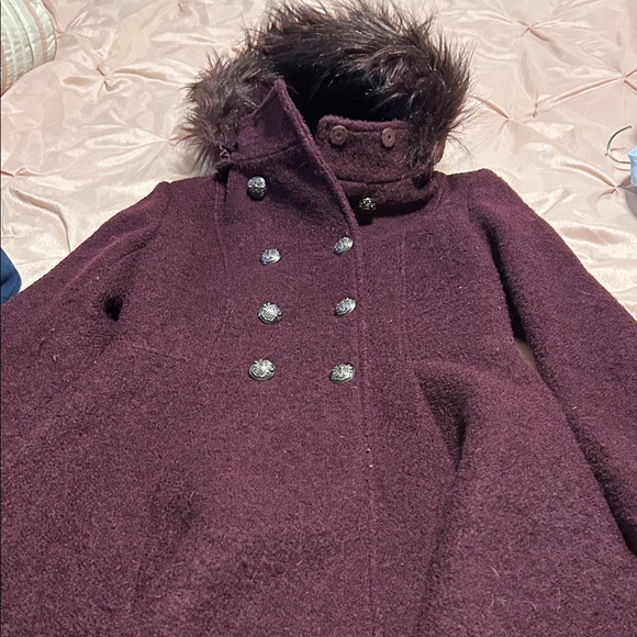 Women's Double-Breasted Coat with Faux Fur Trim - Burgundy - Picture 5 of 7